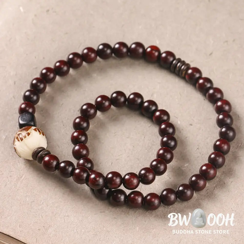 BWOOOH Small Leaf Red Sandalwood Lotus Bodhi Seed Carved Protection Double Wrap Bracele | spiritual healing bracelet