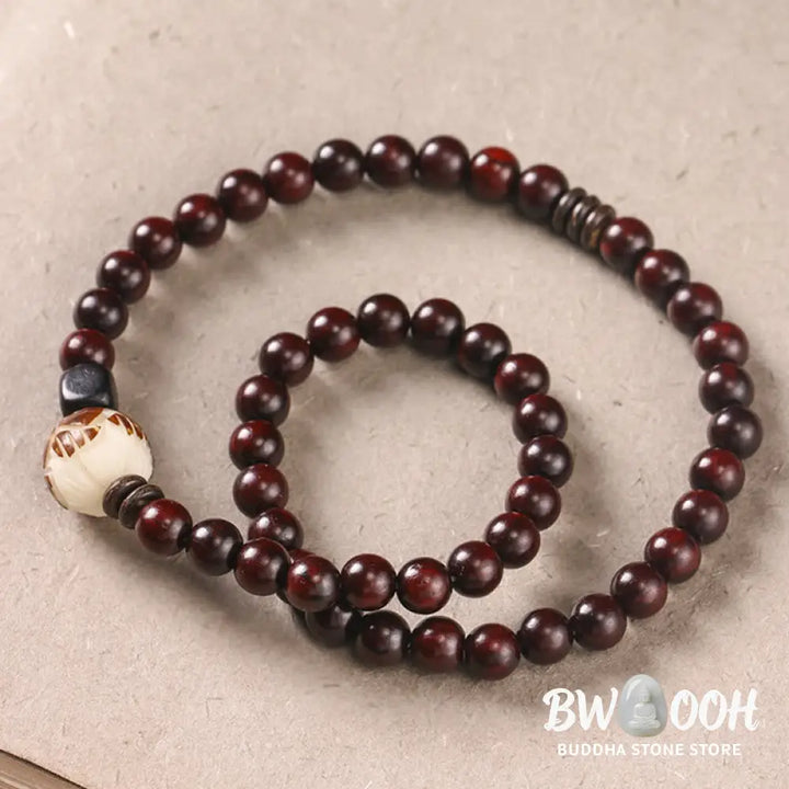 BWOOOH Small Leaf Red Sandalwood Lotus Bodhi Seed Carved Protection Double Wrap Bracele | spiritual healing bracelet