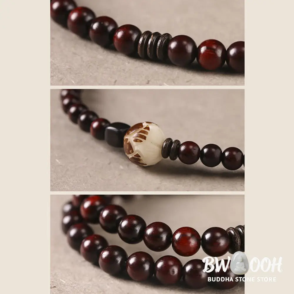 BWOOOH Small Leaf Red Sandalwood Lotus Bodhi Seed Carved Protection Double Wrap Bracele | spiritual healing bracelet