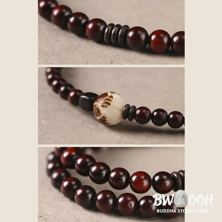 BWOOOH Small Leaf Red Sandalwood Lotus Bodhi Seed Carved Protection Double Wrap Bracele | spiritual healing bracelet