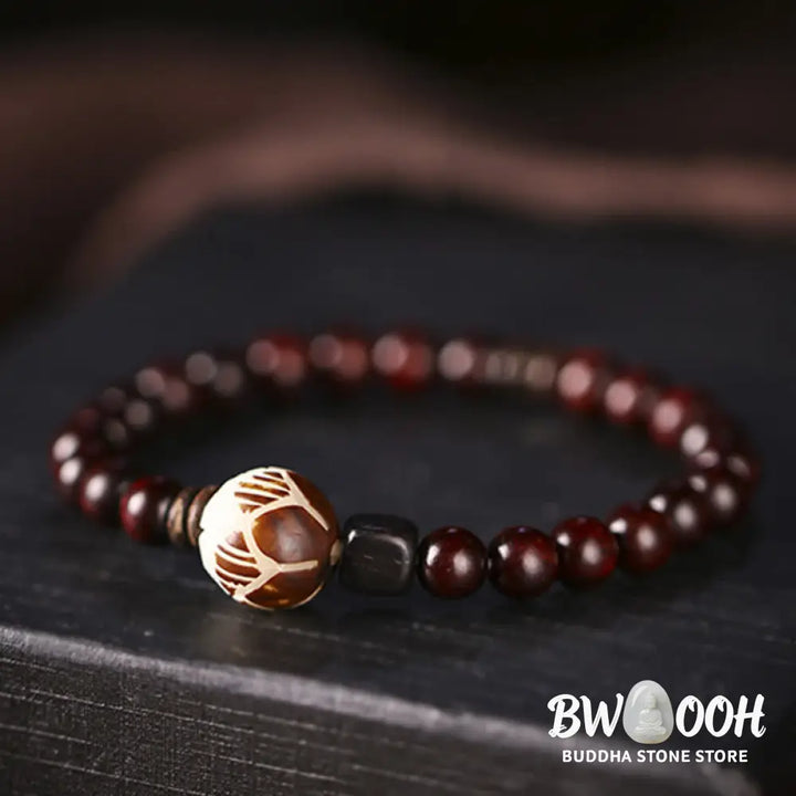 BWOOOH Small Leaf Red Sandalwood Lotus Bodhi Seed Carved Protection Double Wrap Bracele | spiritual healing bracelet
