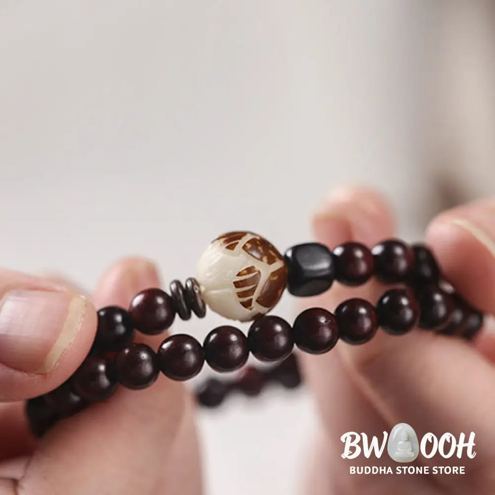 BWOOOH Small Leaf Red Sandalwood Lotus Bodhi Seed Carved Protection Double Wrap Bracele | spiritual healing bracelet
