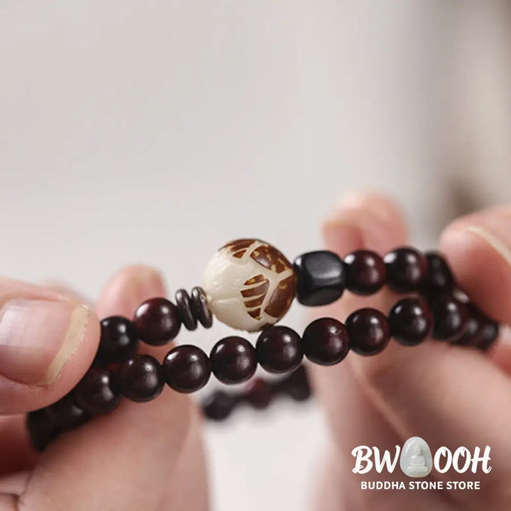 BWOOOH Small Leaf Red Sandalwood Lotus Bodhi Seed Carved Protection Double Wrap Bracele | spiritual healing bracelet