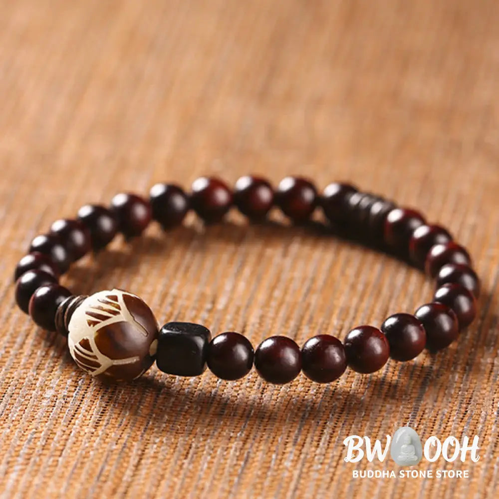 BWOOOH Small Leaf Red Sandalwood Lotus Bodhi Seed Carved Protection Double Wrap Bracele | spiritual healing bracelet