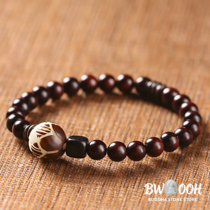 BWOOOH Small Leaf Red Sandalwood Lotus Bodhi Seed Carved Protection Double Wrap Bracele | spiritual healing bracelet