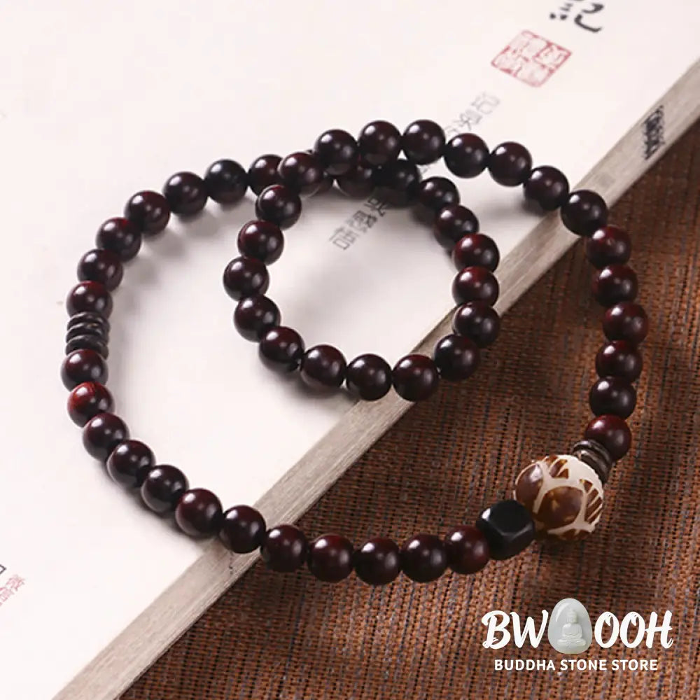 BWOOOH Small Leaf Red Sandalwood Lotus Bodhi Seed Carved Protection Double Wrap Bracele | spiritual healing bracelet
