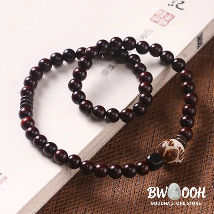 BWOOOH Small Leaf Red Sandalwood Lotus Bodhi Seed Carved Protection Double Wrap Bracele | spiritual healing bracelet