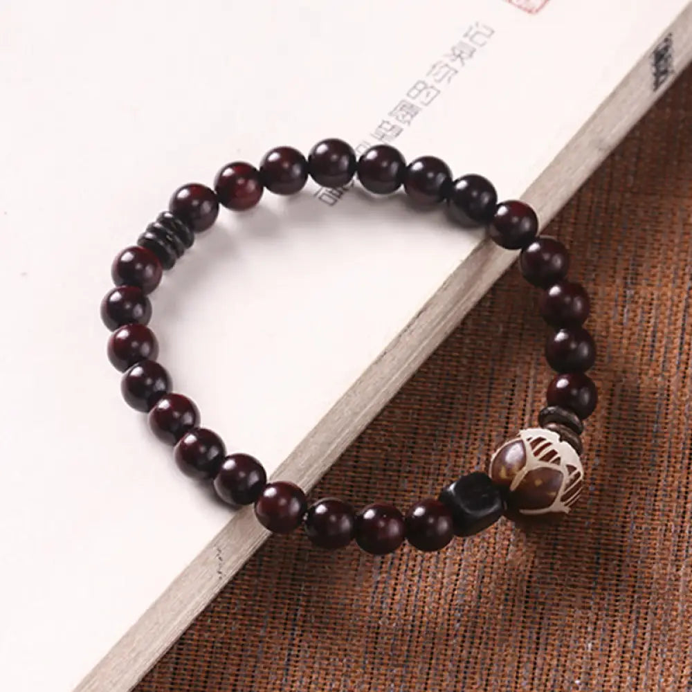 BWOOOH Small Leaf Red Sandalwood Lotus Bodhi Seed Carved Protection Double Wrap Bracelet - Small Leaf Red