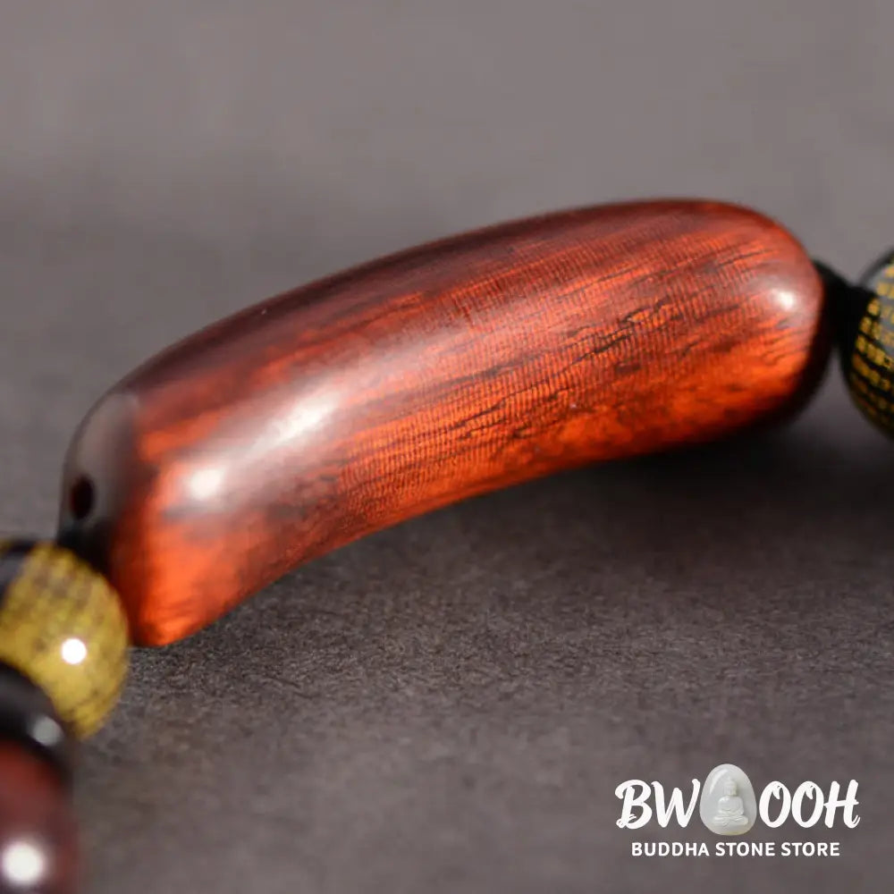 Buddha Stones Small Leaf Red Sandalwood Om Mani Padme Hum Engraved Protection Bracelet - BWOOOH - Bracelet