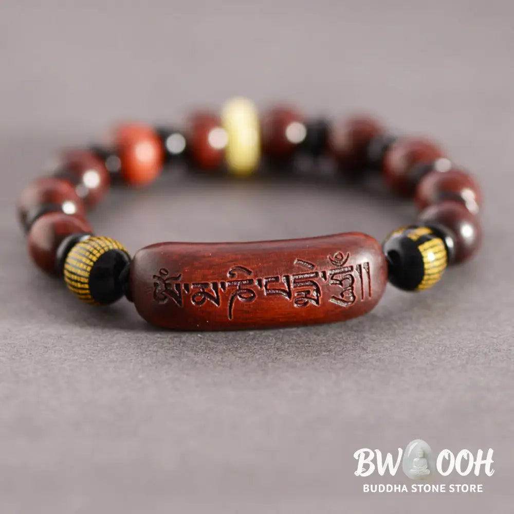 Buddha Stones Small Leaf Red Sandalwood Om Mani Padme Hum Engraved Protection Bracelet - BWOOOH - Bracelet