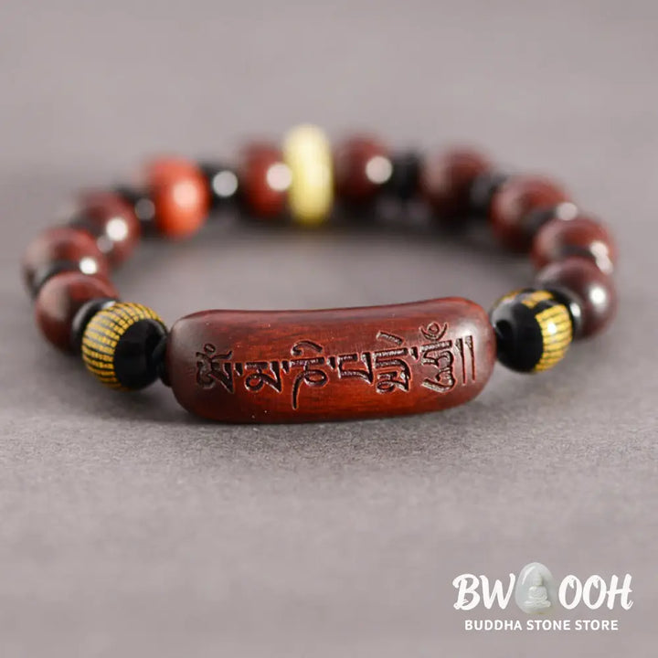 Buddha Stones Small Leaf Red Sandalwood Om Mani Padme Hum Engraved Protection Bracelet - BWOOOH - Bracelet