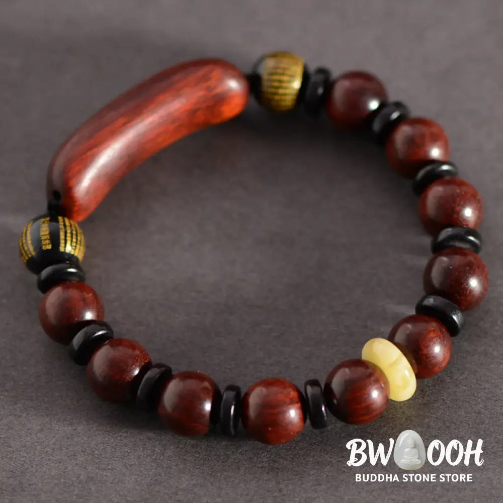 Buddha Stones Small Leaf Red Sandalwood Om Mani Padme Hum Engraved Protection Bracelet - BWOOOH - Bracelet