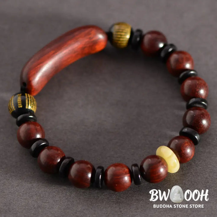 Buddha Stones Small Leaf Red Sandalwood Om Mani Padme Hum Engraved Protection Bracelet - BWOOOH - Bracelet