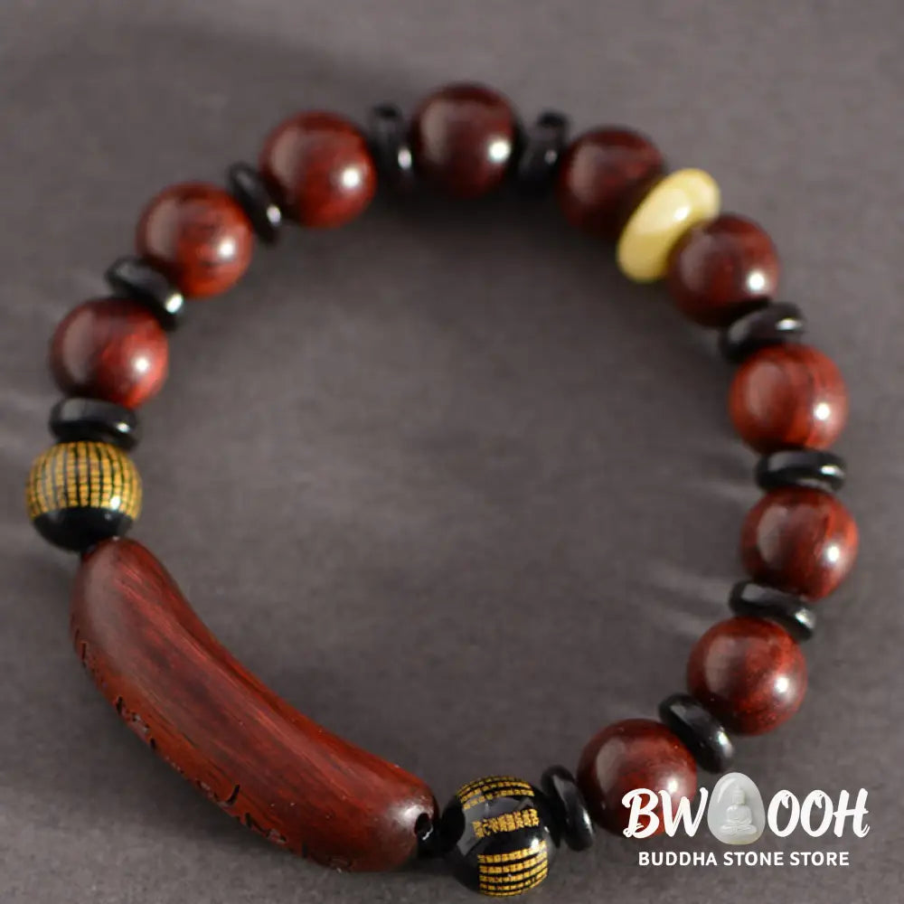 Buddha Stones Small Leaf Red Sandalwood Om Mani Padme Hum Engraved Protection Bracelet - BWOOOH - Bracelet