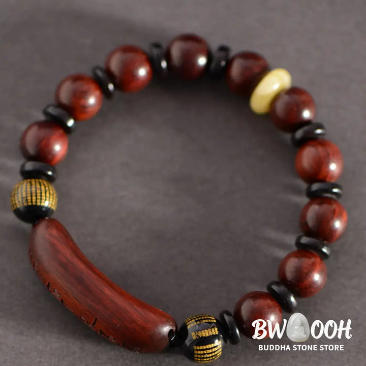 Buddha Stones Small Leaf Red Sandalwood Om Mani Padme Hum Engraved Protection Bracelet - BWOOOH - Bracelet