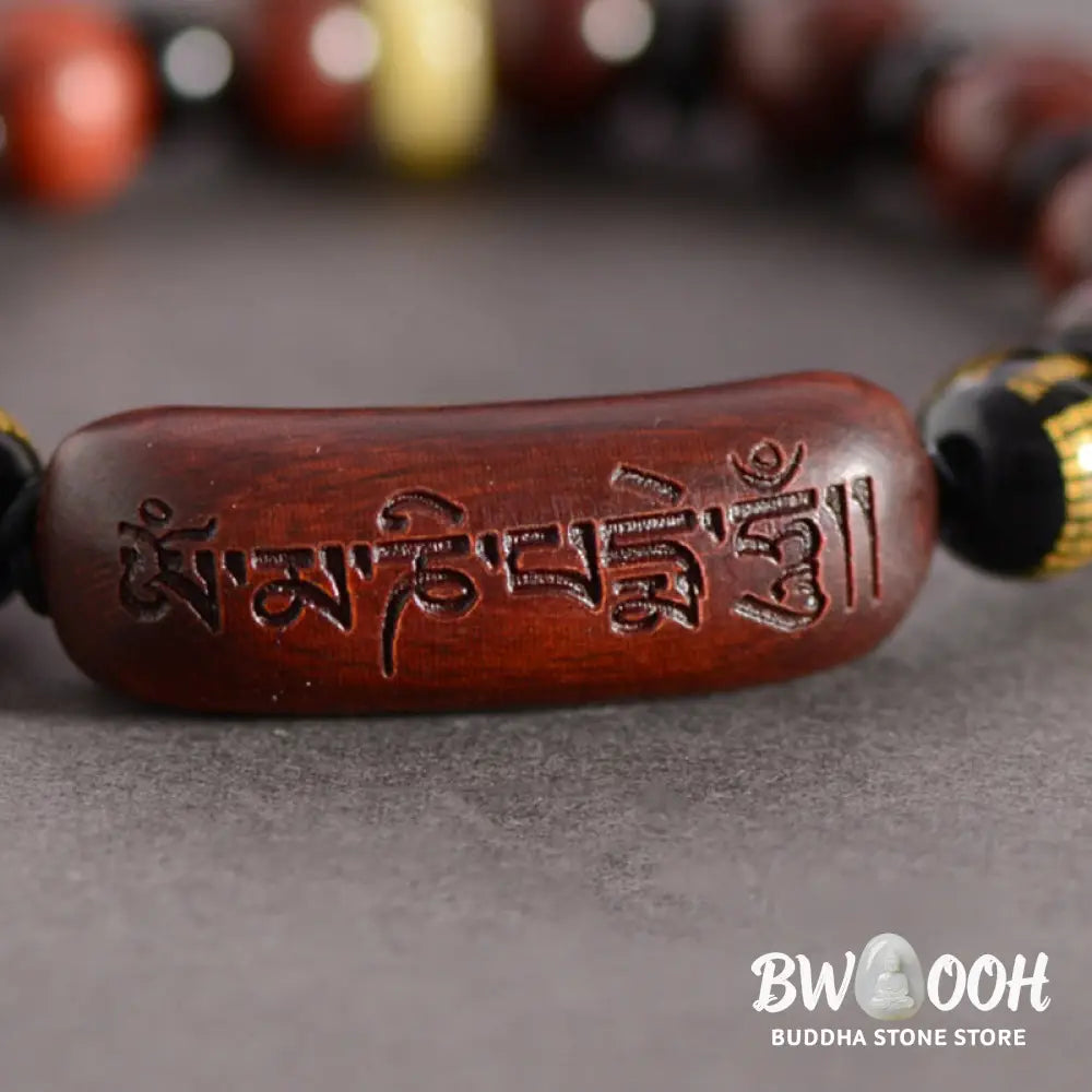 Buddha Stones Small Leaf Red Sandalwood Om Mani Padme Hum Engraved Protection Bracelet - BWOOOH - Bracelet