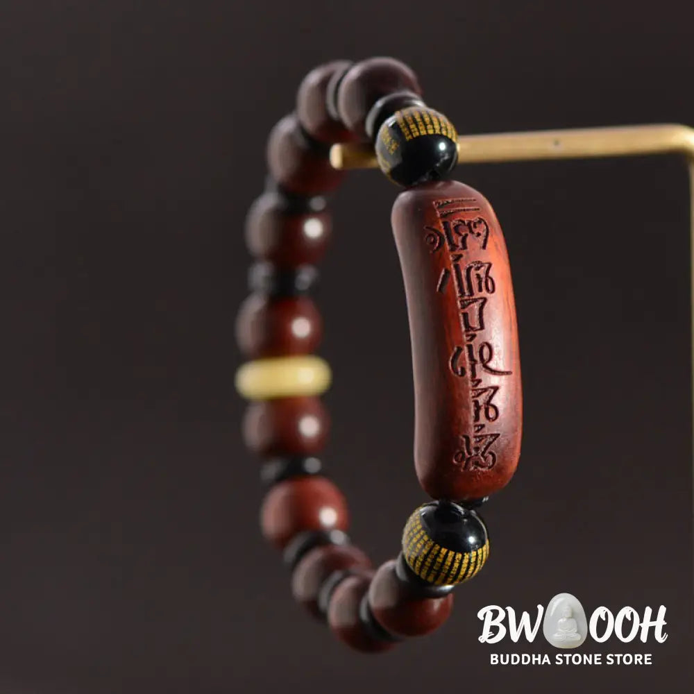Buddha Stones Small Leaf Red Sandalwood Om Mani Padme Hum Engraved Protection Bracelet - BWOOOH - Bracelet
