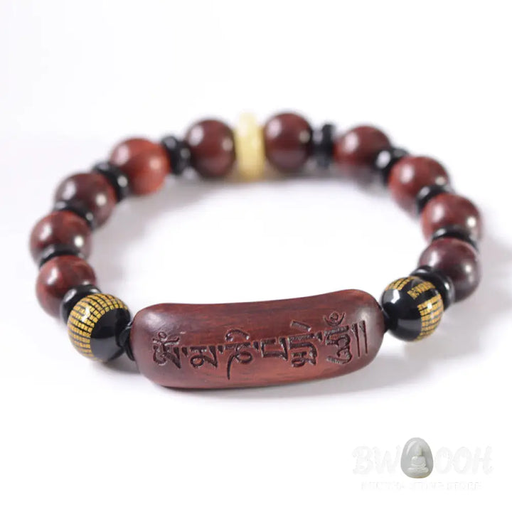 Buddha Stones Small Leaf Red Sandalwood Om Mani Padme Hum Engraved Protection Bracelet - BWOOOH - Bracelet