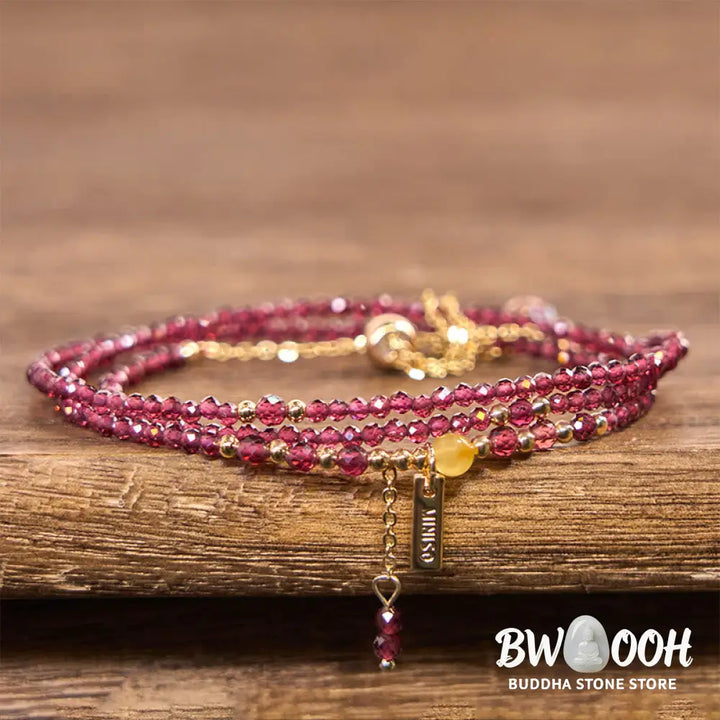 Buddha Stones Small Natural Garnet Passion Triple Wrap Bracelet - BWOOOH - Garnet(Wrist Circumference:15-16cm)