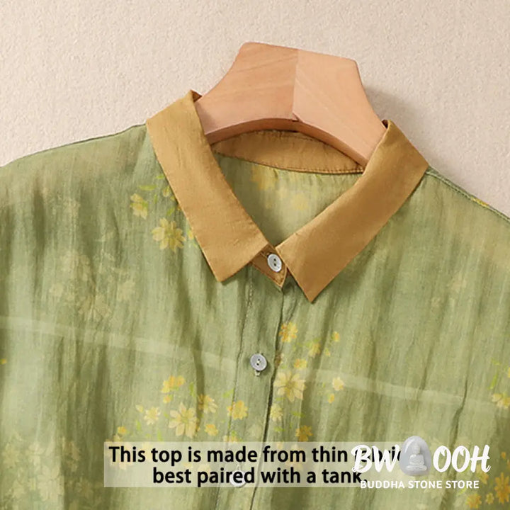 Buddha Stones Small Yellow Flower Leaves Buttons Short Sleeve Women’s Shirt - Women’s Shirts