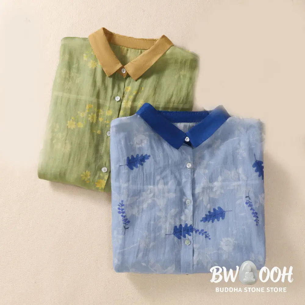 Buddha Stones Small Yellow Flower Leaves Buttons Short Sleeve Women’s Shirt - Women’s Shirts