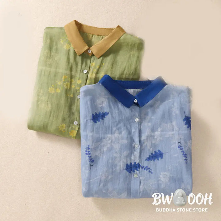 Buddha Stones Small Yellow Flower Leaves Buttons Short Sleeve Women’s Shirt - Women’s Shirts