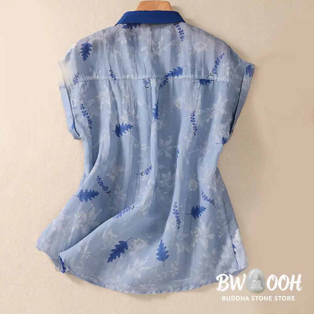 Buddha Stones Small Yellow Flower Leaves Buttons Short Sleeve Women’s Shirt - Women’s Shirts