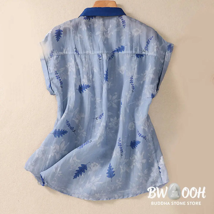 Buddha Stones Small Yellow Flower Leaves Buttons Short Sleeve Women’s Shirt - Women’s Shirts