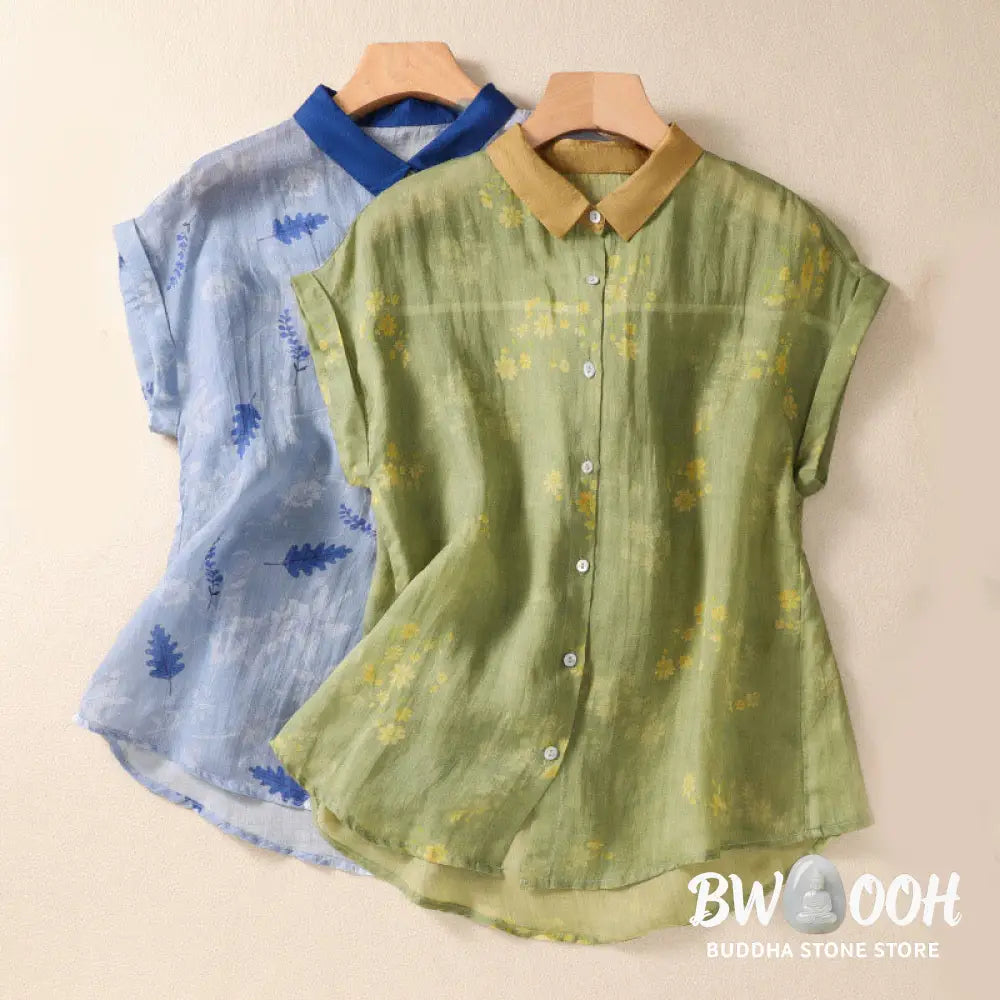 Buddha Stones Small Yellow Flower Leaves Buttons Short Sleeve Women’s Shirt - Women’s Shirts