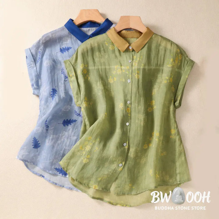 Buddha Stones Small Yellow Flower Leaves Buttons Short Sleeve Women’s Shirt - Women’s Shirts
