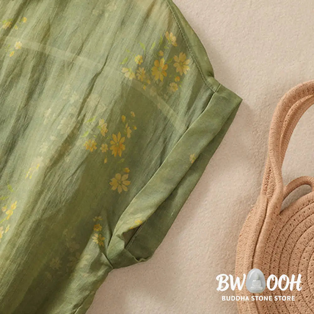 Buddha Stones Small Yellow Flower Leaves Buttons Short Sleeve Women’s Shirt - Women’s Shirts
