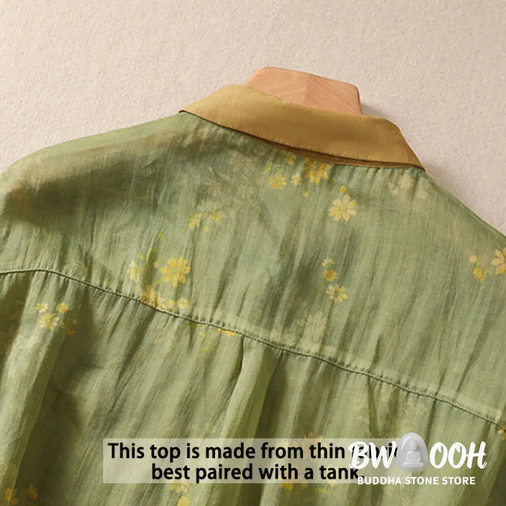 Buddha Stones Small Yellow Flower Leaves Buttons Short Sleeve Women’s Shirt - Women’s Shirts