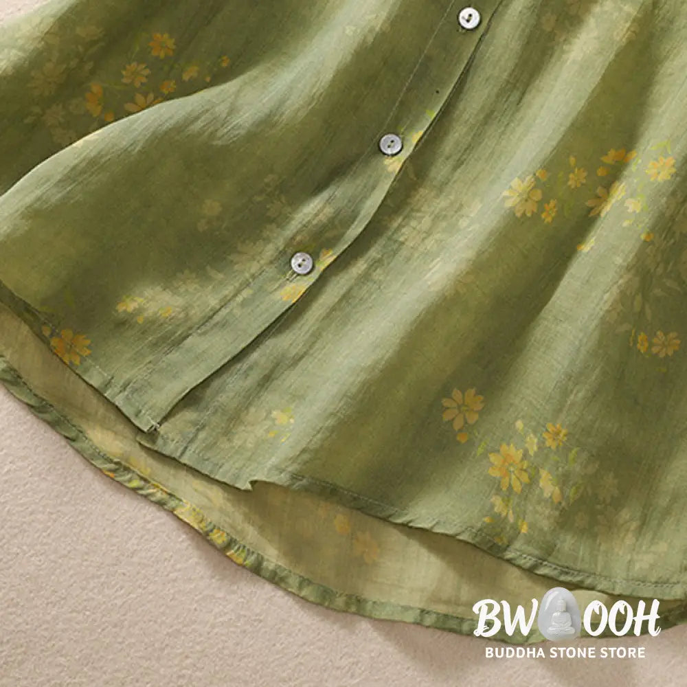 Buddha Stones Small Yellow Flower Leaves Buttons Short Sleeve Women’s Shirt - Women’s Shirts