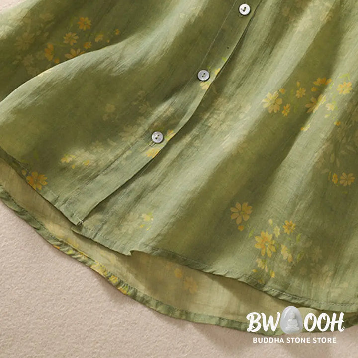 Buddha Stones Small Yellow Flower Leaves Buttons Short Sleeve Women’s Shirt - Women’s Shirts