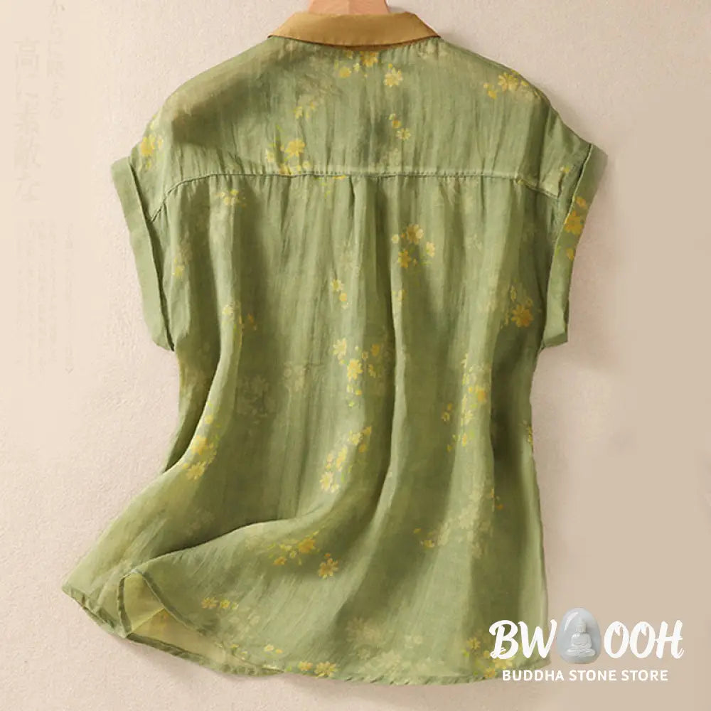Buddha Stones Small Yellow Flower Leaves Buttons Short Sleeve Women’s Shirt - Women’s Shirts