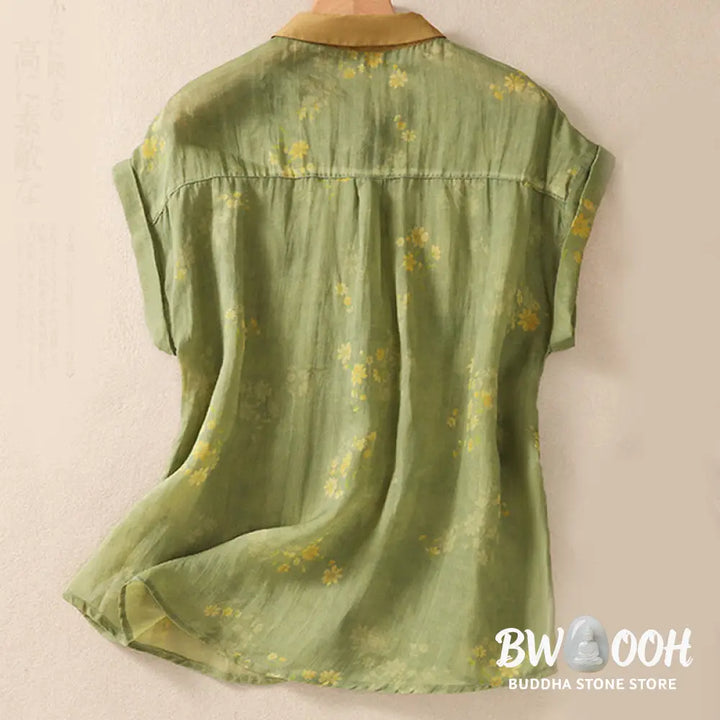 Buddha Stones Small Yellow Flower Leaves Buttons Short Sleeve Women’s Shirt - Women’s Shirts