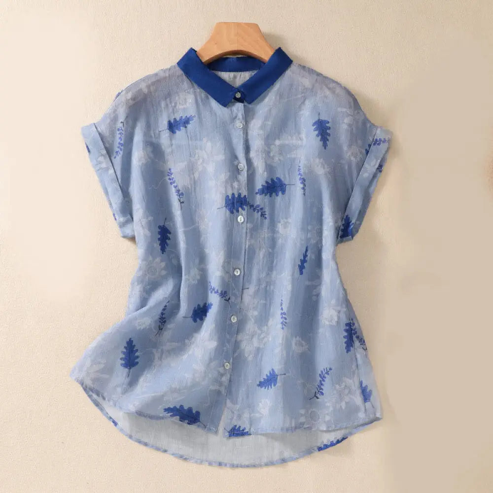 Buddha Stones Small Yellow Flower Leaves Buttons Short Sleeve Women’s Shirt - SkyBlue / US4，UK/AU8，EU36 (L) - Women’s