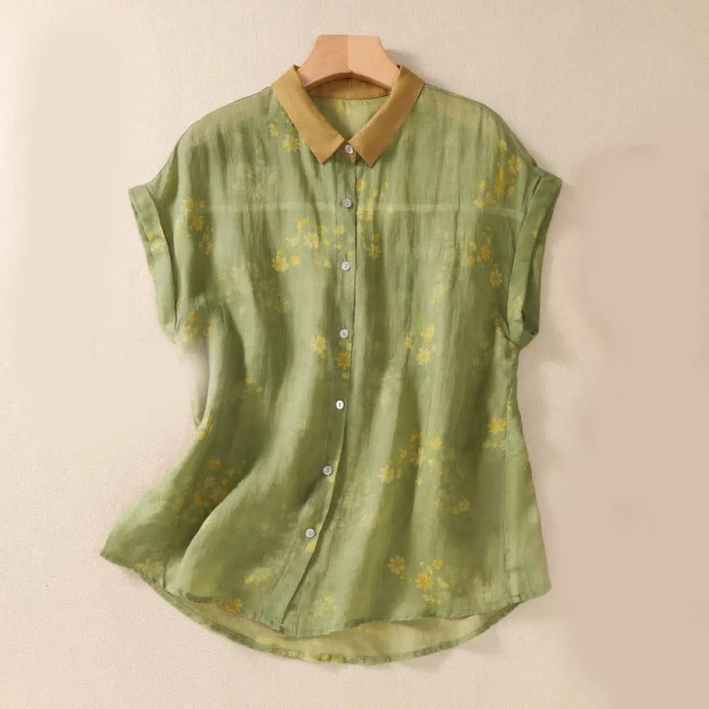 BWOOOH Small Yellow Flower Leaves Buttons Short Sleeve Wo