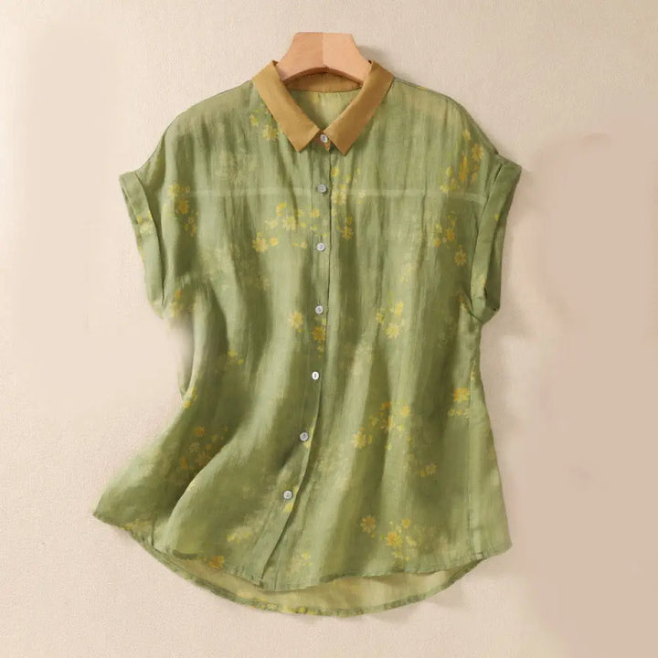 BWOOOH Small Yellow Flower Leaves Buttons Short Sleeve Wo