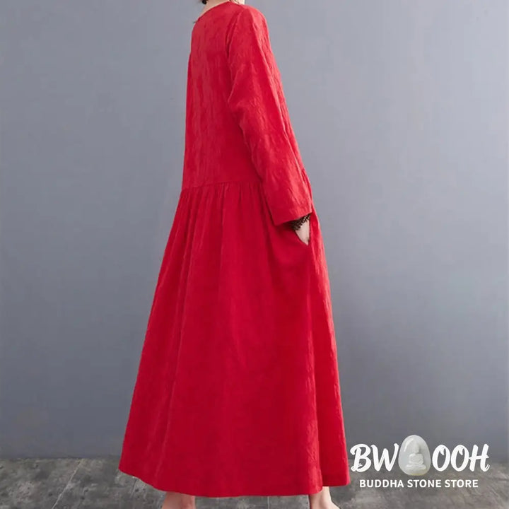 Buddha Stones Smiple Jacquard Pattern Long Sleeve Cotton Linen Women’s Midi Dress With Pockets - Midi Dress