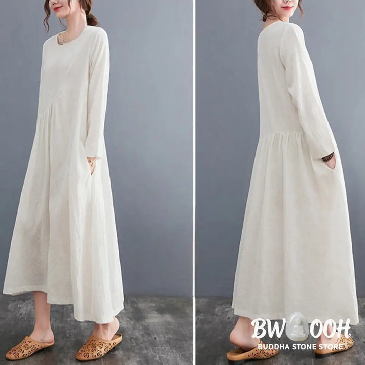 Buddha Stones Smiple Jacquard Pattern Long Sleeve Cotton Linen Women’s Midi Dress With Pockets - Midi Dress
