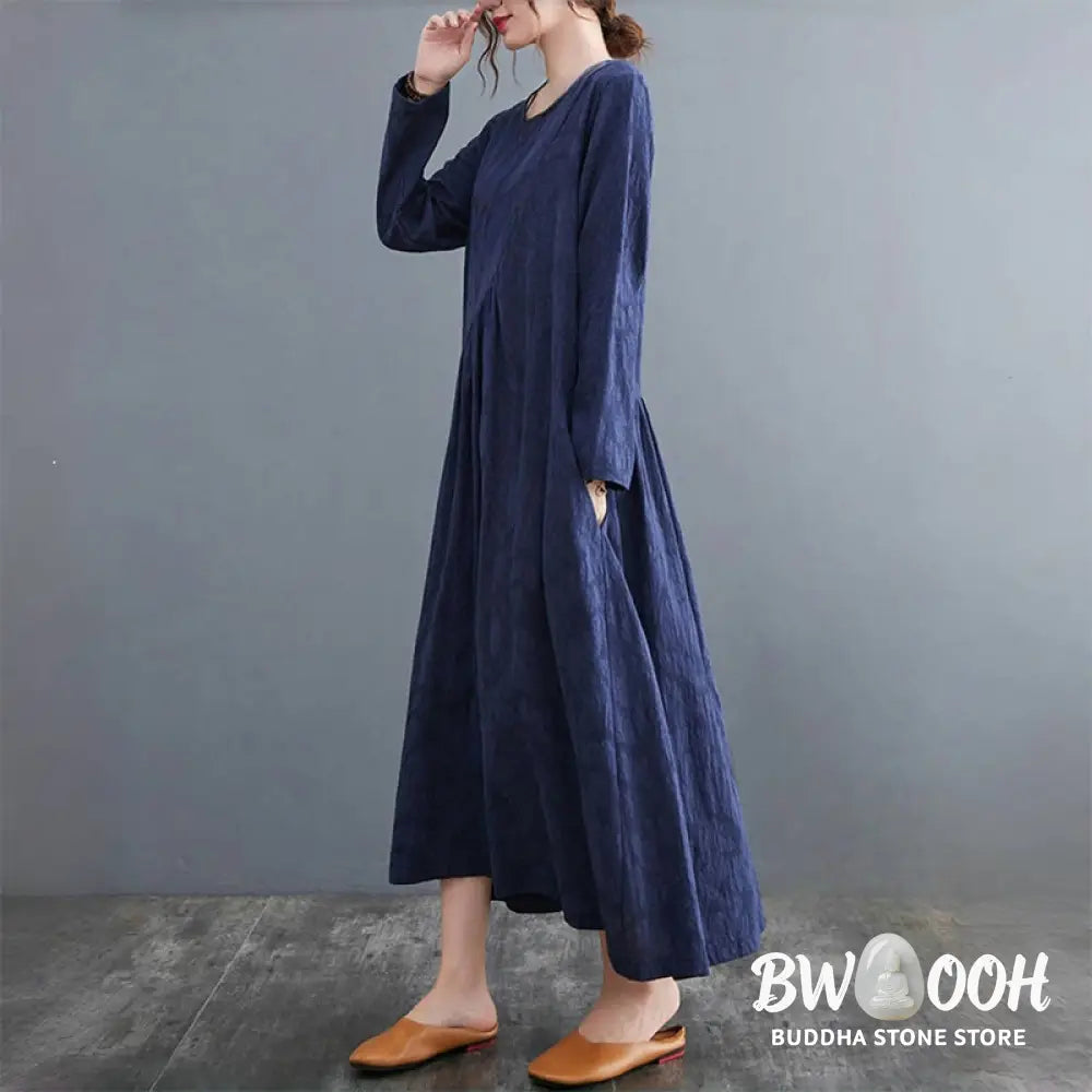 Buddha Stones Smiple Jacquard Pattern Long Sleeve Cotton Linen Women’s Midi Dress With Pockets - Midi Dress