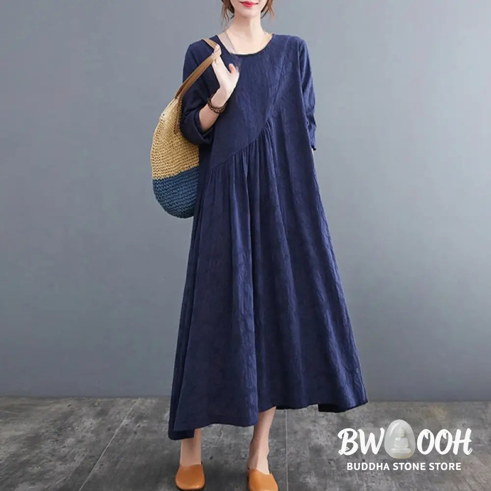 Buddha Stones Smiple Jacquard Pattern Long Sleeve Cotton Linen Women’s Midi Dress With Pockets - Midi Dress