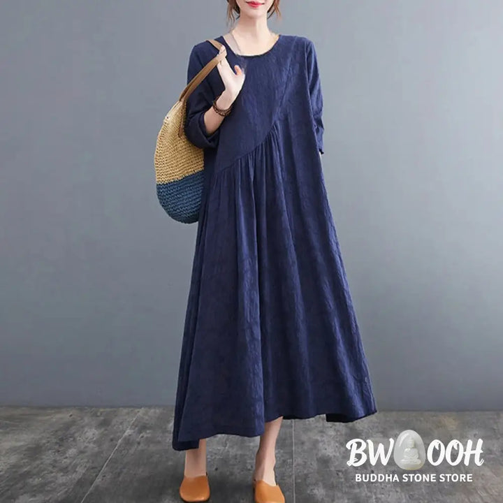 Buddha Stones Smiple Jacquard Pattern Long Sleeve Cotton Linen Women’s Midi Dress With Pockets - Midi Dress