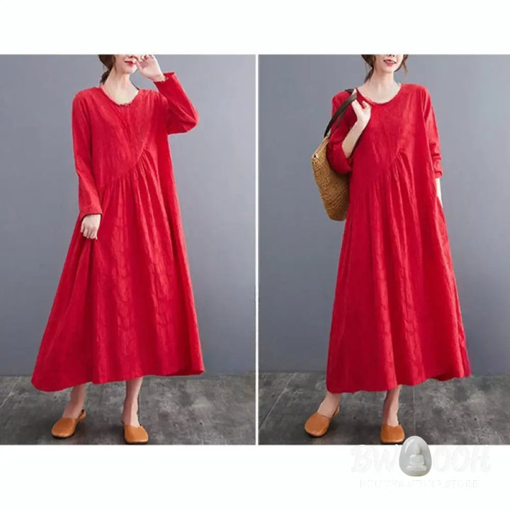 Buddha Stones Smiple Jacquard Pattern Long Sleeve Cotton Linen Women’s Midi Dress With Pockets - Midi Dress