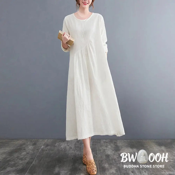 Buddha Stones Smiple Jacquard Pattern Long Sleeve Cotton Linen Women’s Midi Dress With Pockets - Midi Dress