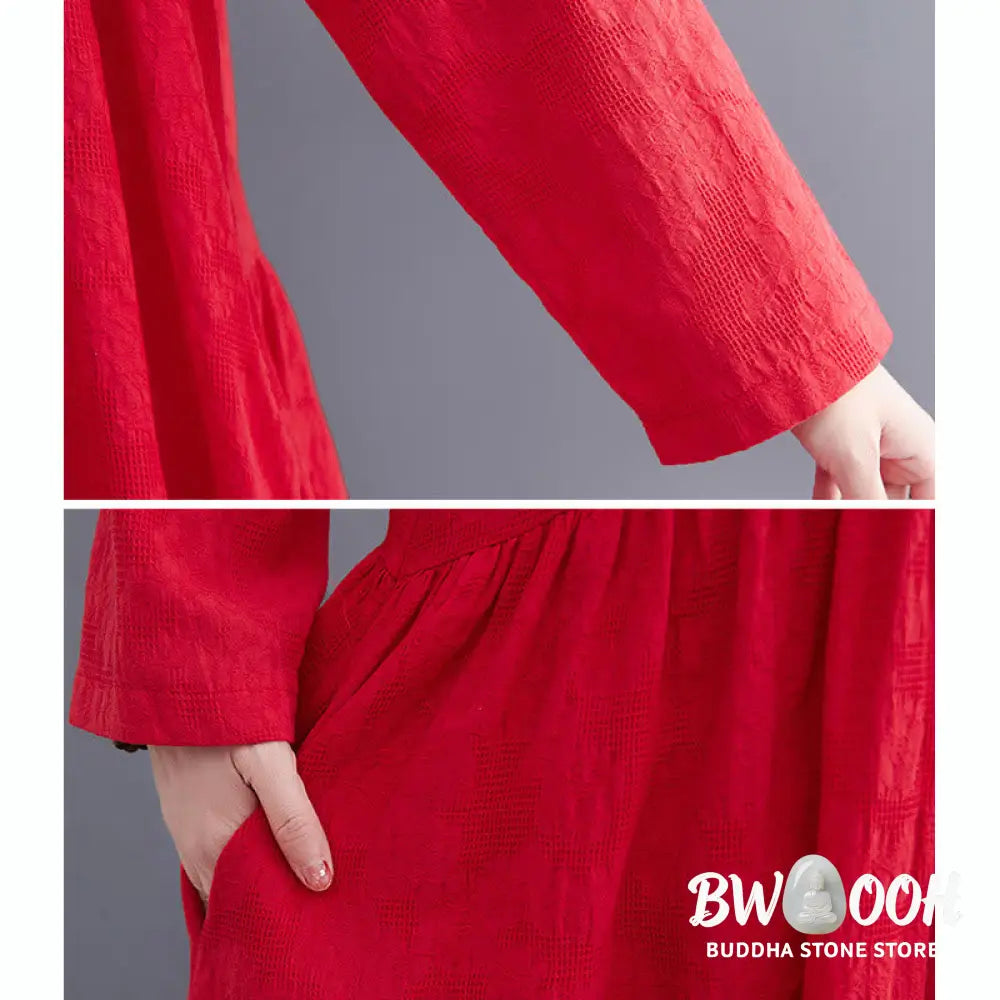 Buddha Stones Smiple Jacquard Pattern Long Sleeve Cotton Linen Women’s Midi Dress With Pockets - Midi Dress