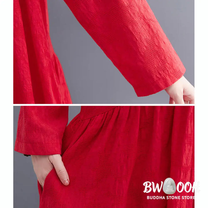 Buddha Stones Smiple Jacquard Pattern Long Sleeve Cotton Linen Women’s Midi Dress With Pockets - Midi Dress
