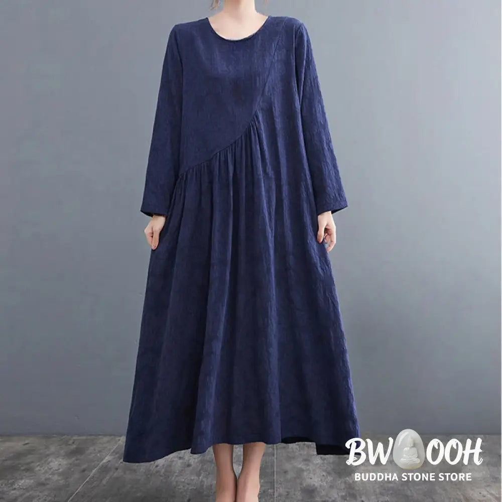 Buddha Stones Smiple Jacquard Pattern Long Sleeve Cotton Linen Women’s Midi Dress With Pockets - Midi Dress
