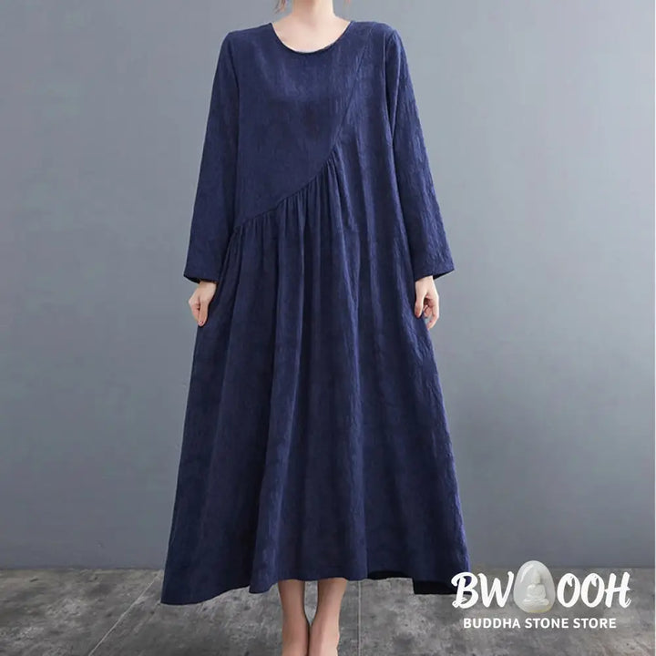 Buddha Stones Smiple Jacquard Pattern Long Sleeve Cotton Linen Women’s Midi Dress With Pockets - Midi Dress